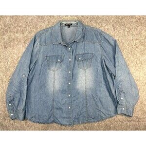 New Look Chambray Shirt Women's 3x Pearl Snap Western Cowgirl Cowboy Roll Tab